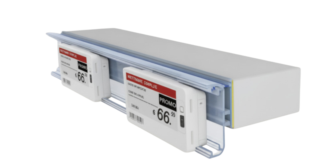 Two electronic shelf labels on a clear shelf rail, ready for a small shop or forecourt shop shelf